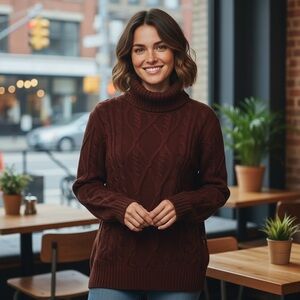 Zenana Outfitters Cable Knit Turtleneck Sweater - Rust